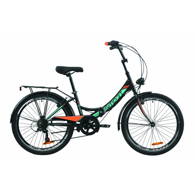 Велосипед 24" Formula SMART 7 с багажником зад St, с крылом St, с фонарём 2020 (черно-оранжевый с бирюзовым (м)) 