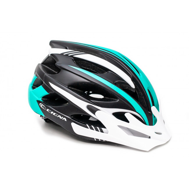 Шлем велосипедный с белым козырьком CIGNA WT-016 черно-бело-бирюзовый